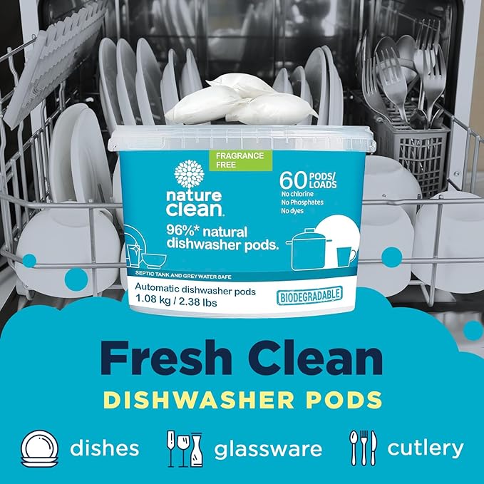 Nature Clean Non Toxic Dishwasher Detergent Pods, Plant-Based Dishwashing Pods, Non-Toxic & Unscented Dish Pods, Tough on Grease, Eco-Friendly Cleaning Power, 60 Count, Pack of 1