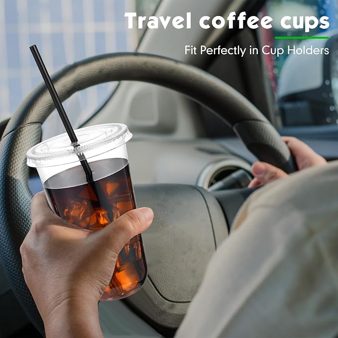 Ziliny 100 Set Clear Plastic Cups with Lids and Straws, Disposable Iced Coffee PET Cups for Drinking Cold Beverage Juice Parfait Smoothie Milkshake Coffee Shops Party Supplies (18 oz)