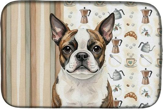 Caroline's Treasures Brindle Boston Terrier Coffee Bar Dish Drying Mat Absorbent Dish Drying Mat Pad for Kitchen Counter Dish Drainer Mat for Countertop, 14 x 21", Multicolor