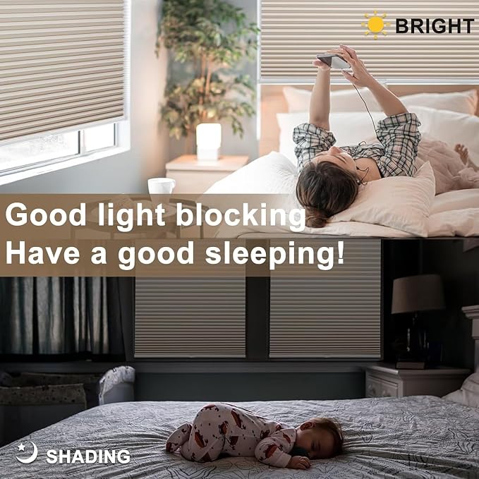 MYshade Cordless Blackout Cellular Shades, 1.5" Honeycomb Window Blinds for Bedroom & Nursery, Thermal Insulated, Noise Reducing, Privacy Shades, Inside or Outside Mount (21" W x 64" H, Beige)