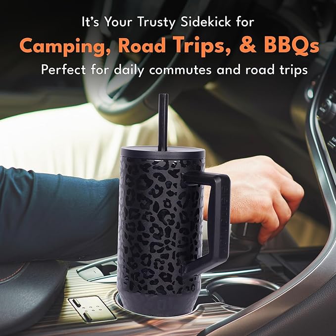 Elemental 40 oz Tumbler with Handle and Straw - Spill Proof Insulated Stainless Steel Commuter for Cold Beverages - Travel Coffee Mug with 2 Straws & Spill Proof Lid - 40oz - Black Leopard