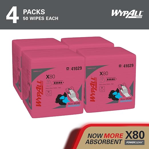 WypAll PowerClean X80 Cloths Heavy Duty Wipes (41029), Quarterfold, Extended Use Towels, Red (4 Packs of 50 Sheets, 200 Sheet Total)