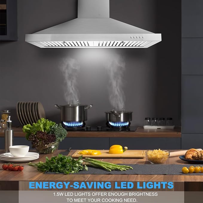 Tieasy Range Hood, Range Hoods 30 inch Stainless Steel, 450 CFM Kitchen Hood with LED Light Baffle Filters, 3 Speed Exhaust Fan Vent Hood