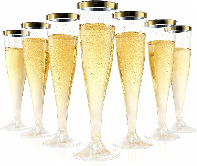 Bestluck 100 Pack Champagne Flutes Plastic, 4.5 oz Gold Glitter Plastic Disposable Stemware with Gold Rim, Disposable Champagne Flutes for Party, Mimosa Bar, Wedding, Anniversary and Graduation