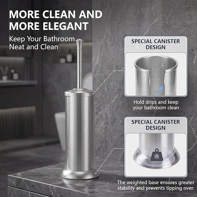Toilet Brush and Holder Set,304 Stainless Steel Heavy Duty Toilet Brush,Extra Long Handle Toilet Bowl Brush and Holder for Bathroom,Durable,Deep Cleaning,Extra Dense Bristles (Brushed Nickel)