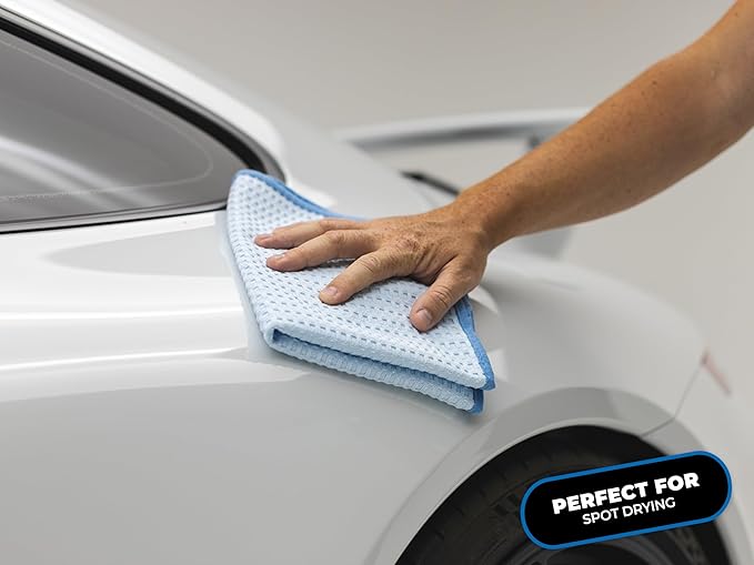 The Rag Company Dry Me A River, Professional Korean 70/30 Blend Microfiber Waffle-Weave Drying & Detailing Towels, Soft Suede Edges, 390 GSM, 16x16 Inches, Light Blue, 5-Pack