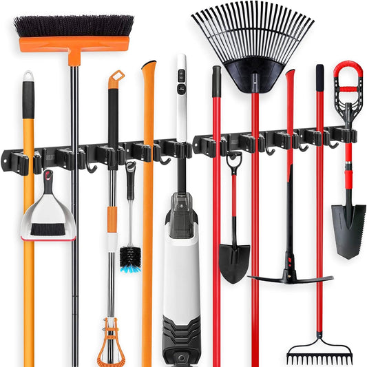 IMILLET 2 Pack Broom and Mop Holder Wall Mounted, Broom Holder Stainless Steel Broom Organizer Heavy Duty Tools Organizer Self Adhesive for Laundry Room Garage Garden（5 Racks and 4 Hooks）