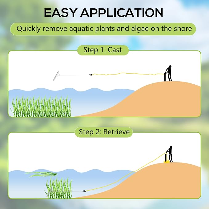 Floating Lake Rake, 36" Aluminum All Purpose Lake and Landscape Rake with 11' Extension Handle and 52' Rope, Weed & Algae Removal