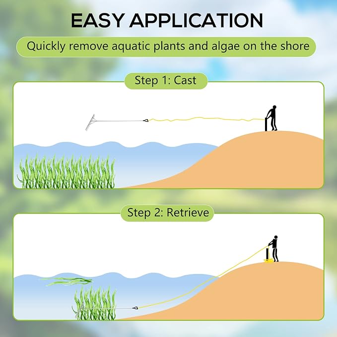 Floating Lake Rake, 36" Aluminum All Purpose Lake and Landscape Rake with 102'' Extension Handle and 52Ft Rope, Weed & Algae Removal, Yellow