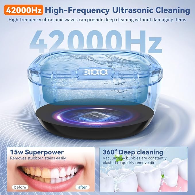 Ultrasonic Retainer Cleaner Machine, 45kHz Dental Cleaning Pod for Dentures, Aligners, Night Guards & Jewelry, 130ML Denture Cleaner 2 Timed Modes & Travel Design