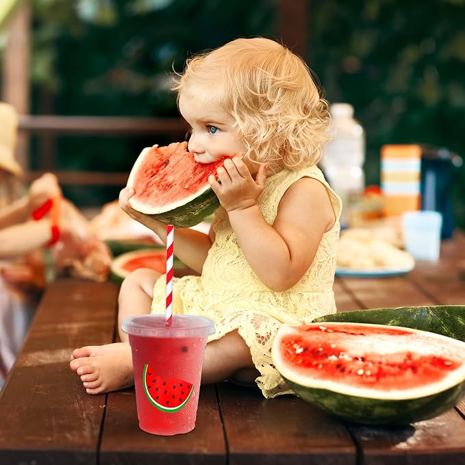 Whaline 50Pcs Watermelon Disposable Plastic Cups with Lids and Straws 12 Oz Red Watermelon Cold Beverage Drinking Cups for Summer Fruit Birthday Party Supplies