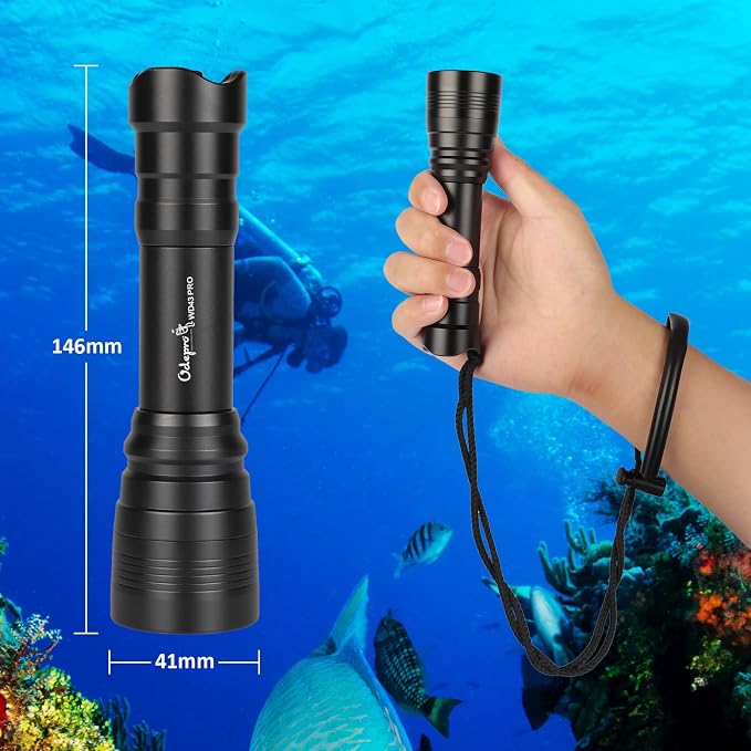 WD43PRO Scuba Diving Light, 1050 Lumens Dive Torch, Underwater 150m Waterproof Flashlight with Wrist Strap, 4 Modes Compact Backup Light for Night Diving, Snorkeling, Cave