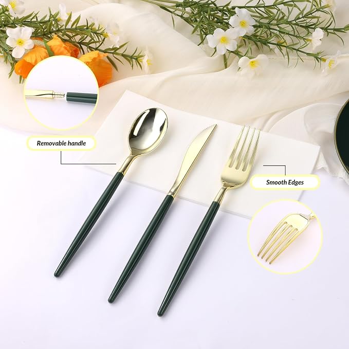 Goodluck 150 PCS Green Gold Plastic Silverware Set for 50 Guests,50 Knives, 50 Forks and 50 Spoons, Food-grade material free of BPA, Gold Plastic Cutlery Ideal for Weddings, Birthdays, Graduation