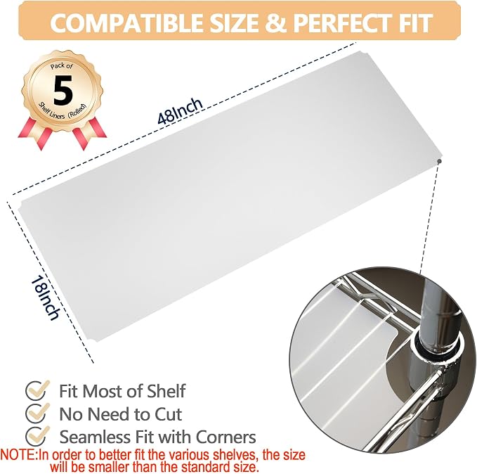 5 Pack 18x48 Shelf Liners for Wire Shelving – Actual 17.44x47.44 Plastic Mats, Grey (Rolled) – Non-Slip for Cabinet & Storage Racks