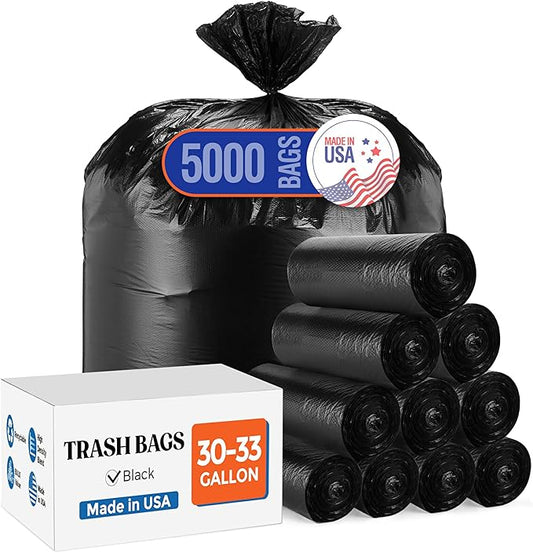 Delxo 30-33 Gallon Trash Bags, 5000 Count – 0.6 Mil Medium Duty Garbage Bags, Durable Plastic Bolsas para basura, Perforated Design– Made in USA for Kitchen, Yard, Office (Black)