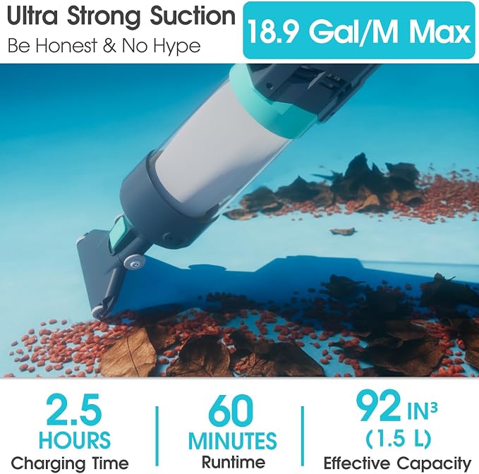 Heave Duty Handheld Pool Vacuum for Above Ground Pool - 18.9GPM Powerful Suction for Deep Cleaning, 25µm Ultra Fine Mesh Filter for Smaller Debris, 14'' Wide Vacuum Head, 60mins Running Time (Blue)