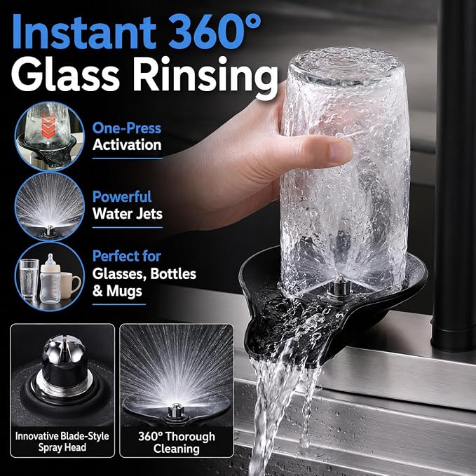 Kitchen Faucet with Pull Down Sprayer & Cup Washer, Glass Rinser Faucet for Kitchen Sink, Lead-Free Brass Waterway, 3 Spray Modes Single Handle, Single Hole for Sink Farmhouse RV Bar Black