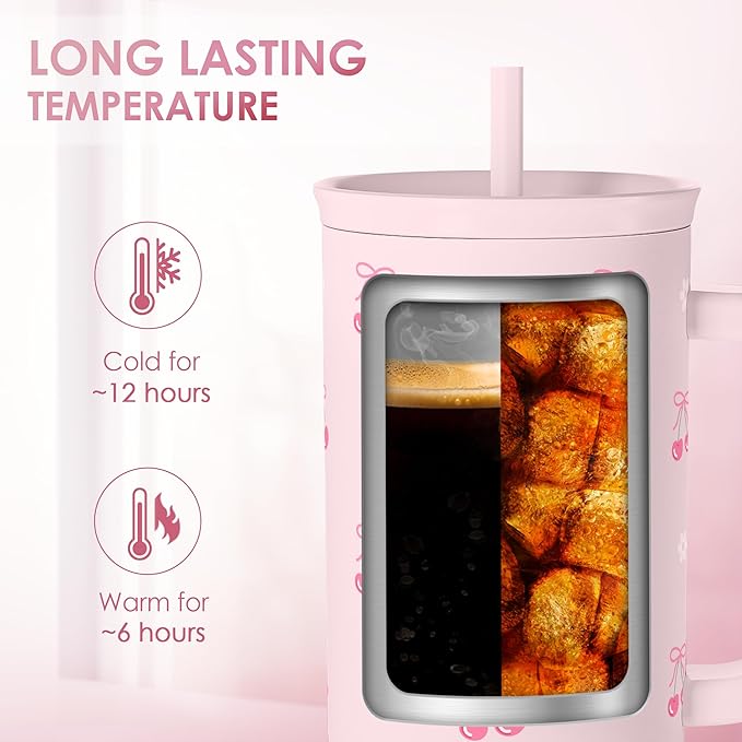 Cherry 40oz Slider Tumbler with Handle and Straw - Insulated Stainless Steel Travel Coffee Mug for Women Girls, Gift for Birthday Christmas