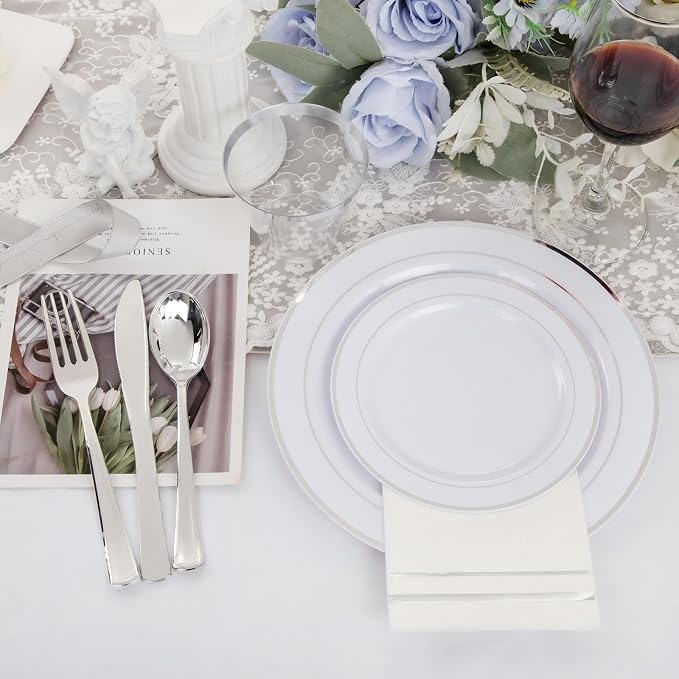 GATHER 700PCS Silver Plastic Plates - Silver Disposable Dinnerware Sets 100 Guest Include 200 Plates, 300 Silverware, 100 Napkins, 100 Cups For Wedding & Party