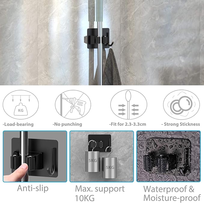 homeasy Mop Broom Holder No Drill, Mop Broom Organizer Wall Mounted Heavy Duty with Hooks Hanger, Self Adhesive Stainless Steel 4Pcs for Bathroom, Kitchen, Office (Black)