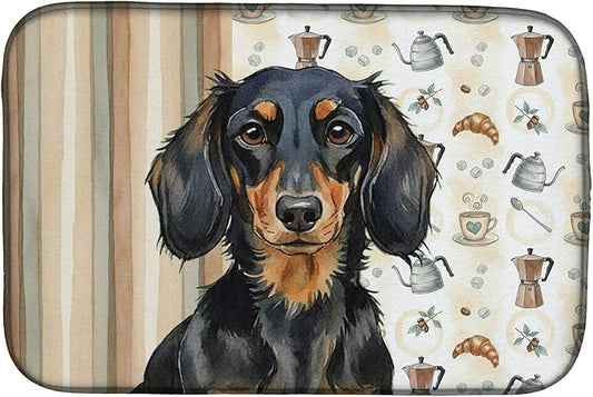 Caroline's Treasures Longhaired Black and Tan Dachshund Coffee Bar Dish Drying Mat Absorbent Dish Drying Mat Pad for Kitchen Counter Dish Drainer Mat for Countertop, 14 x 21", Multicolor