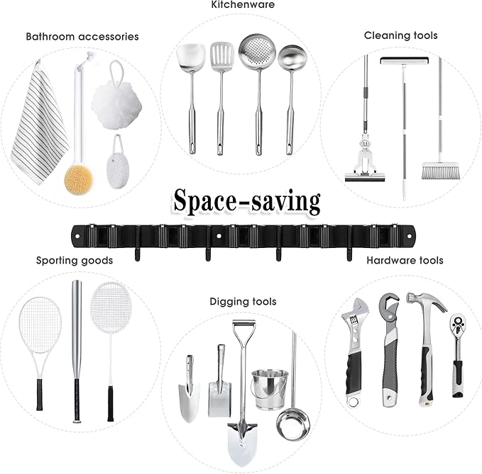 2 Racks and 3 Hooks & Black 5 Racks and 4 Hooks Broom and Mop Holder Wall Mounted Garage Organizer Storage Tool Racks Stainless Steel Heavy Duty Hooks Self Adhesive Solid Non-slip Wall Hangers