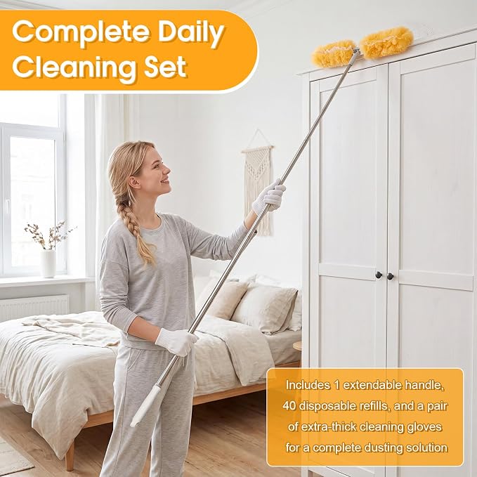 6 ft Extendable Duster Handle with 40 Refills and 1 Pair of Gloves Compatible with Swiffer Duster 360° Heavy Duty Microfiber Dusters Kit for Cleaning High Ceilings and Fans, Vents(Orange)