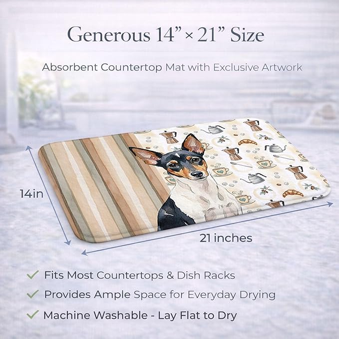 Caroline's Treasures Toy Fox Terrier Coffee Bar Dish Drying Mat Absorbent Dish Drying Mat Pad for Kitchen Counter Dish Drainer Mat for Countertop, 14 x 21", Multicolor