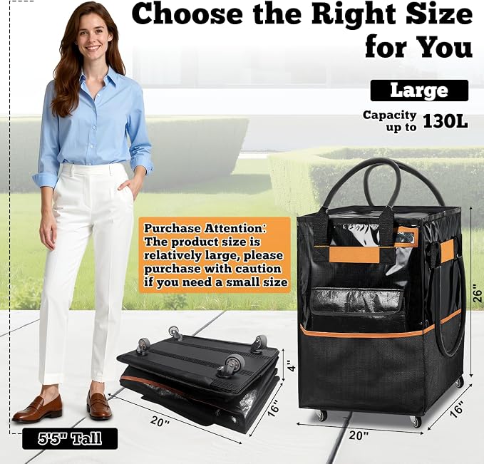 Reusable Grocery Bag on Wheels, 130L Large-Capacity Zippered Roller Tote, Carries Up to 90 LBS, Lightweight for Groceries, Laundry, Moving, Storage