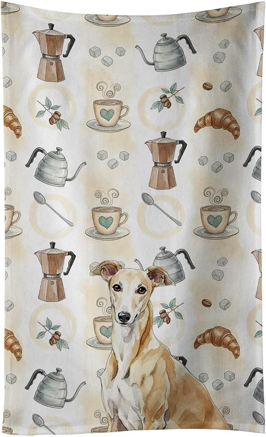 Caroline's Treasures Fawn Greyhound Coffee Bar Kitchen Towel Velour Plush Front and Cotton Loop Back Machine Washable