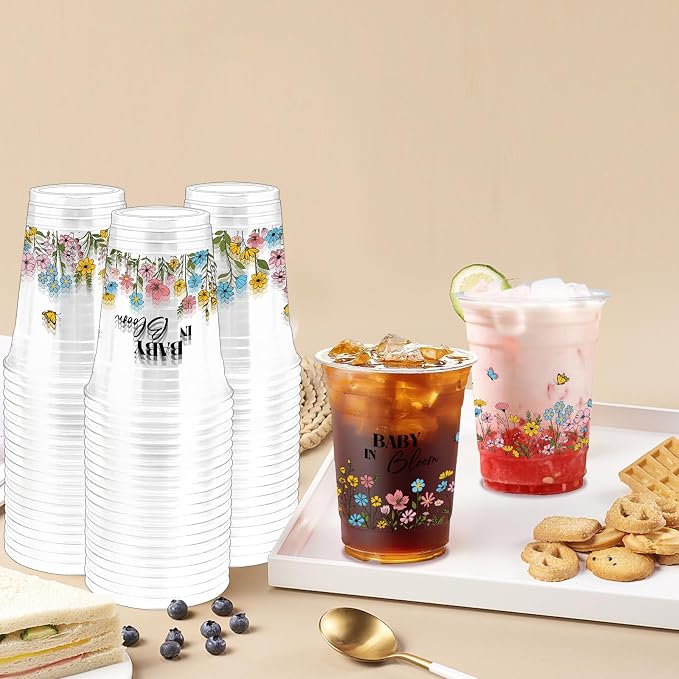 100Pcs Wildflower Baby Shower Plastic Party Cups, 12oz Wildflower Disposable Clear Cups for Baby Shower Party, Gender Reveal, Holiday Gatherings, Floral Theme Birthday Party Drinking Supplies