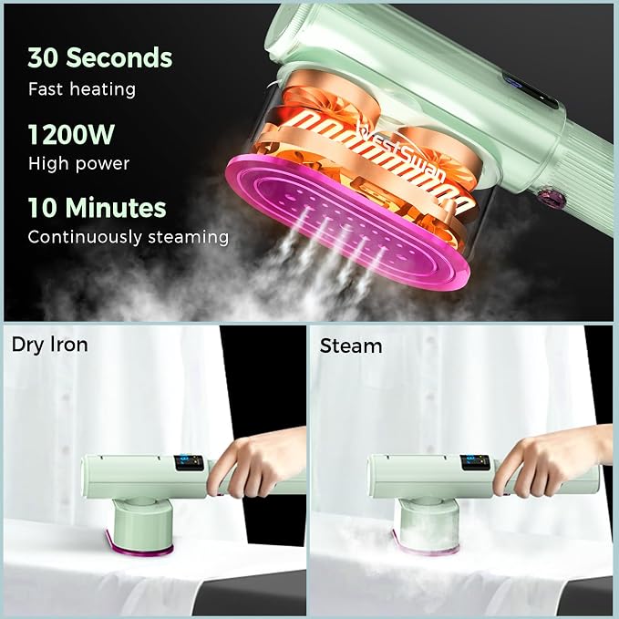 Portable Travel Steamer for Clothes, Fast Wrinkle Remover Garment Steamer for Home & Travel, 2-in-1 Iron & Steam with 90°Rotatable Head, Handheld Iron Steamer with LCD Temperature Display