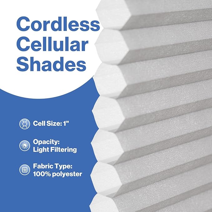 No Drill Cellular Shades, Light Gray 24" W x 48" H Cordless Light Filtering Pull Down Pleated Honeycomb Blind Thermal Insulated Easy Install for Indoor Window Bedroom Living Room Kitchen
