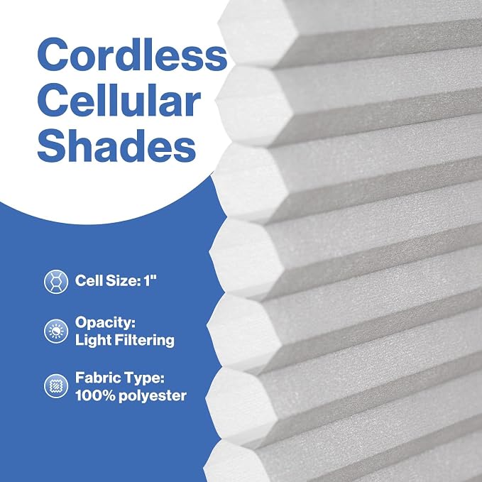 No Drill Cellular Shades, Light Gray 31" W x 64" H Cordless Light Filtering Pull Down Pleated Honeycomb Blind Thermal Insulated Easy Install for Indoor Window Bedroom Living Room Kitchen