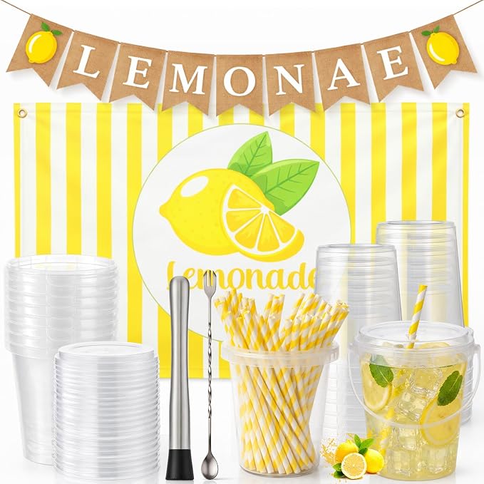 Funnymoom 84 Pcs Lemonade Stand Supplies 34 oz Plastic Lemon Cups with Lid and Straws Lemonade Burlap Banner Tablecloth Stainless Steel Muddler for Summer Lemon Birthday Party Decoration