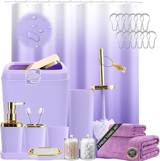 XLHOMO Purple Bathroom Accessories, 24 Pieces Purple and Gold Bathroom Accessories Set with Shower Curtain, Bath Towels, Trash Can, Soap Dispenser and Soap Dish for Bathroom/Housewarming