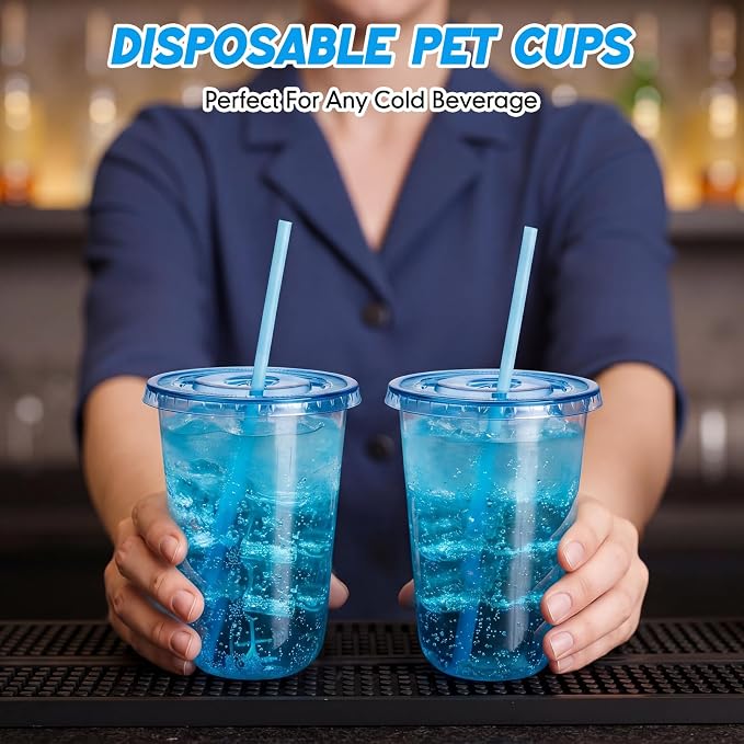 Ziliny 25 Sets Clear Round Bottom Plastic Cups with Lids and Straws, Cute Disposable Drinking Coffee Cups, for Christmas Valentine's Galentine's Day Party Wedding Birthday Supplies (16oz,Blue)