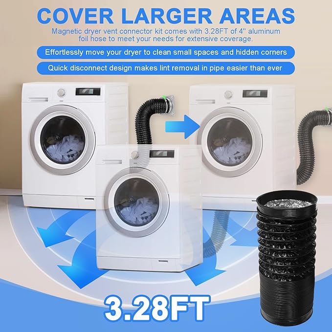 Magnetic Dryer Vent Connector Kit, DV180 Airtight Seal Magnetic Dryer Vent Coupling, Easy to Clean Dryer Vent Hose Quick Connector Including a 3.28ft 4" Duct & 2 Clamps