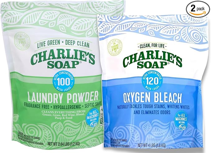 Charlie’s Soap Laundry Essentials Variety Pack – Oxygen Bleach (4 lb) + Laundry Powder Detergent (100 Loads) – Fragrance Free, Deep Cleaning, Safe for Colors & Whites