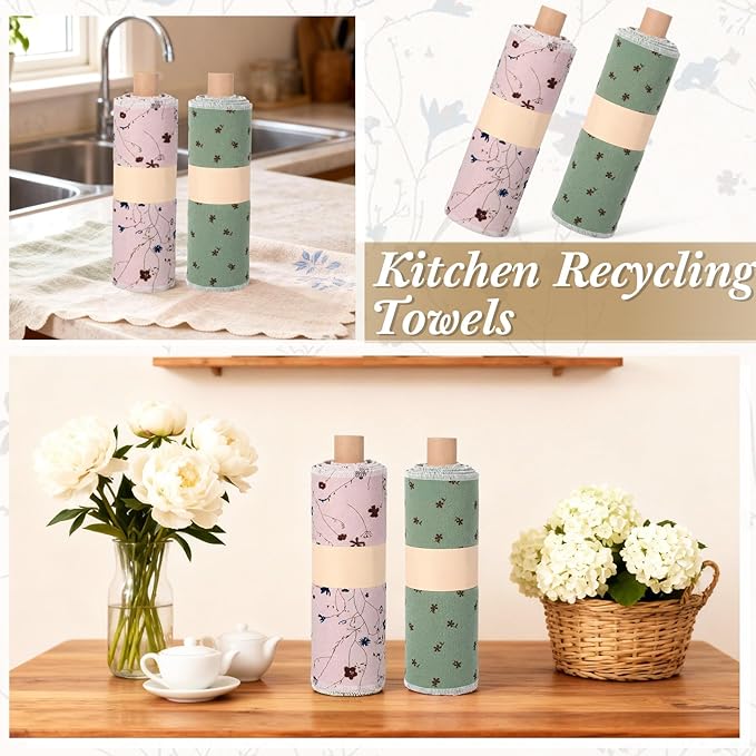 Redbaker 50 Pcs Reusable Paper Towels Paperless Reusable Cotton Cloths Toilet Absorbent Washable Paper Towels with Roll Kitchen Dishcloth for Kitchen Paperless Dishcloths(Little Flower)