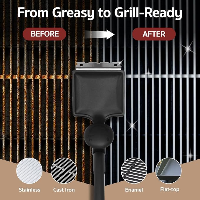 GASPRO Grill Brush Bristle Free for Outdoor Grill, BBQ Cleaning Brush Set with 2 Replacement Heads, Heat-Activated Sponge & Scraper, Ergonomic Handle, Safe for Most Grates, Black