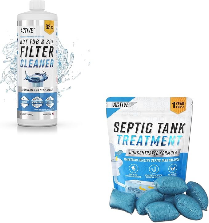 ACTIVE Hot Tub & Spa Filter Cleaner and Septic Tank Treatment Pods - Includes 32oz Hot Tub Filter Cleaner and 12ct Septic System Treatment Pods