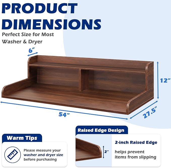 Royxen Laundry Countertop with Storage Universal Fit, Washer and Dryer Countertop with Shelf, Laundry Room Storage, 2-Tier Shelf (Walnut)