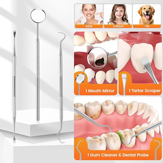 Ultrasonic Plaque Remover for Teeth, Tartar Remover with 5 Adjustable Modes, LED Light & 4 Replacement Tips Tooth Cleaner Dental Care Kits - Rechargeable, IPX6 Waterproof for Home Use (Orange)