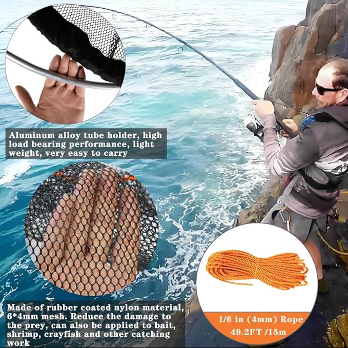 Drasry Large Collapsible Bridge Pier Fishing Net Landing Net with Rod, High Load Aluminum Ring Drop Net for Saltwater and Freshwater Pier Fishing Basket with 49.2 ft. Rope