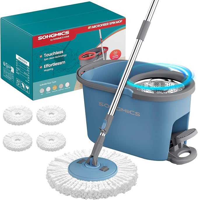 SONGMICS Spin Mop and Bucket Set with Pedal Wringer, Floor Cleaning Mop, Adjustable Telescopic Handle, Max. 59.1-Inch Length, 360° Rotating Head, 4 Microfiber Pads, Blue and Gray ULMB002QT04