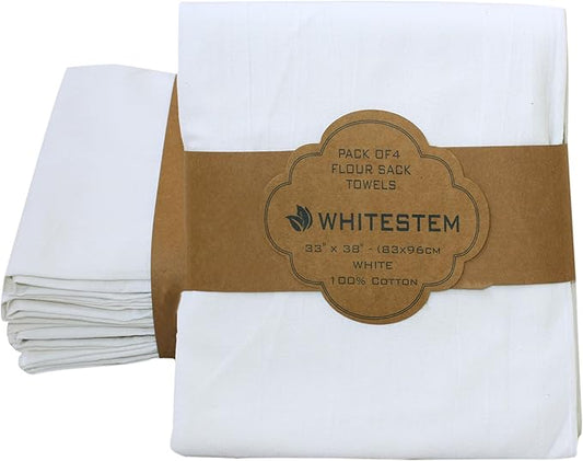 Flour Sack Tea Towel for Crafts | Kitchen Dish Cotton Blank Towel for Embroidery | Baking Bread Proofing Linen Cover | Thick Absorbent Quick Dry | 4 Pack 33"x38" White