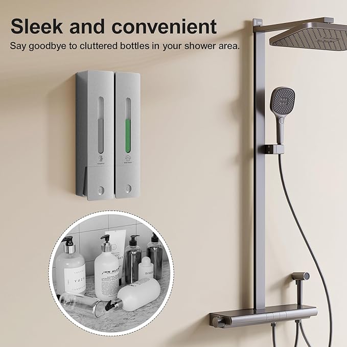 Shampoo and Conditioner Dispenser 2-Chamber Wall-Mounted Shower Soap Dispenser, No-Drill Installation, 800ML Capacity, Ideal for Bathrooms and Hotels (Silver)