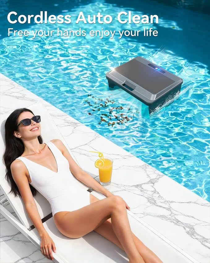 (2026 New) WAVIO Solar Powered Robotic Pool Skimmer Surface Cleaner with APP Support Dual Charging Options Smart Obstacle Avoidance 24/7 Continuous Cleaning Ideal for Above Ground Pools