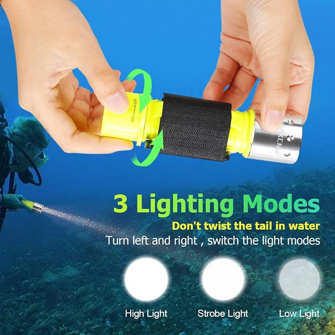 NAKCNM 2 Pack Diving Flashlight Underwater LED Scuba Dive Lights Super Bright IPX8 Waterproof 3 Modes for Outdoor Activities with Rechargeable Battery and Charger